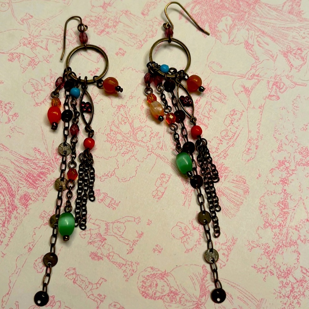 Beaded Metal Chains Crystal Dangle Earrings